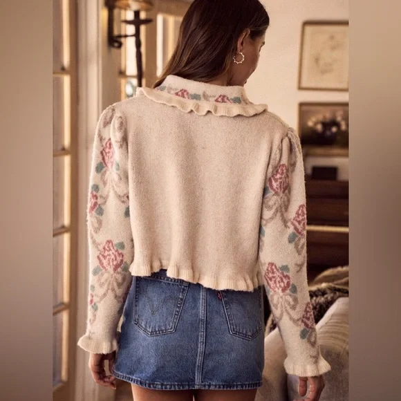 FLORAL PATTERNED RUFFLED COQUETTE BUTTON DOWN
SWEATER CARDIGAN - Picture 7 of 9